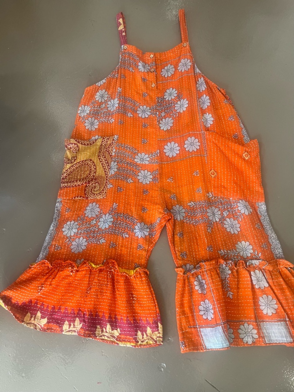 Vintage Orange Floral Ruffle-Hem Jumpsuit